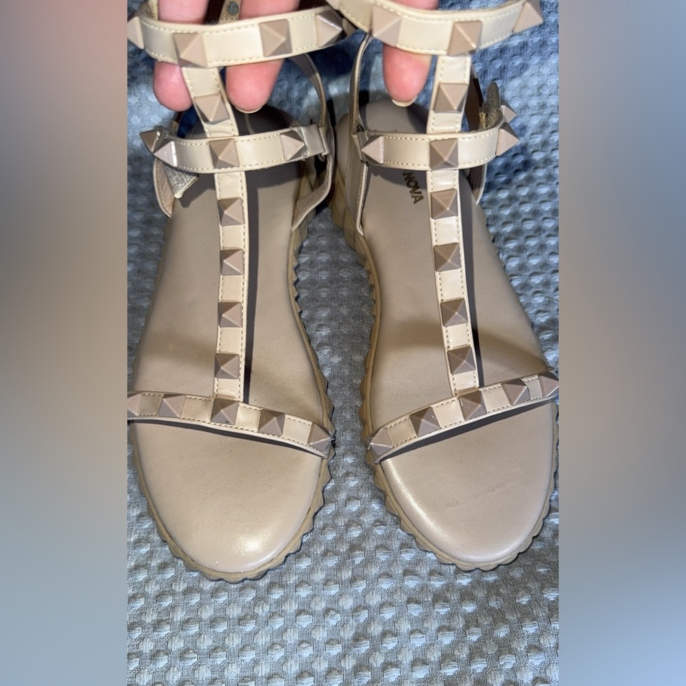 Tan Studded T-Strap Sandals with Flat Sole